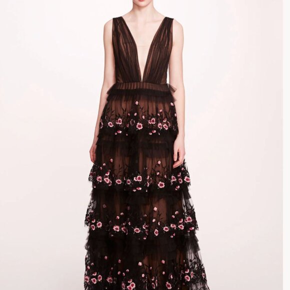 Marchesa Notte Tiered Tulle Terrarium V Neck Gown Black Pink Floral 10 NWT - Picture 1 of 10